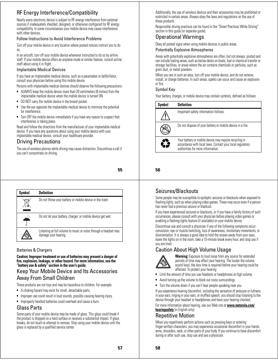 Rf energy interference/compatibility, Driving precautions, Operational warnings | Glass parts, Seizures/blackouts, Caution about high volume usage, Repetitive motion | Motorola Adventure 68000201627-A User Manual | Page 15 / 19