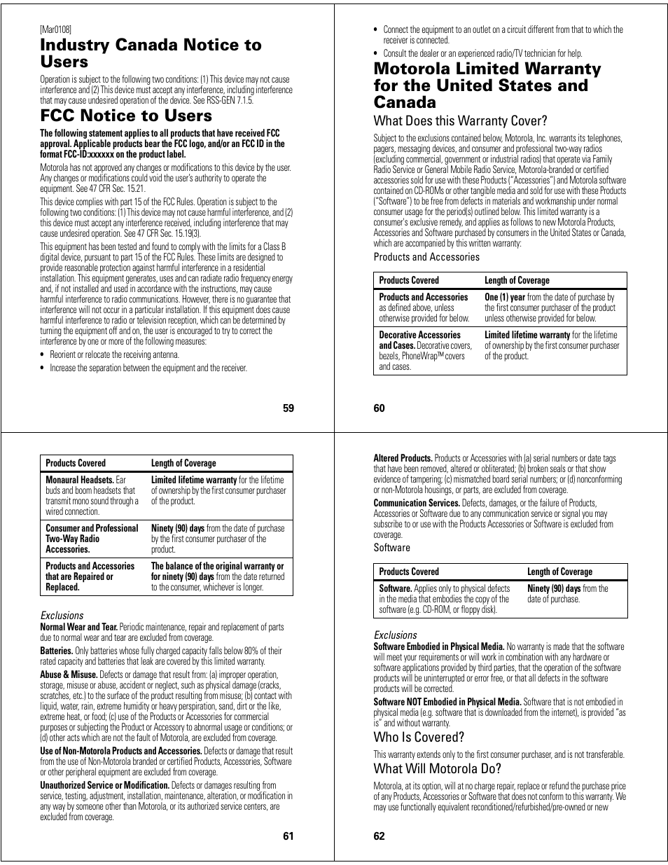 Industry canada notice to users, Fcc notice to users, What does this warranty cover | Who is covered, What will motorola do | Motorola Adventure 68000201627-A User Manual | Page 16 / 19