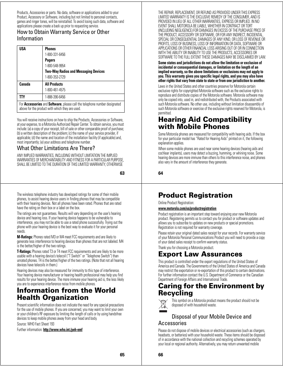 Hearing aid compatibility with mobile phones, Information from the world health organization, Product registration | Export law assurances, Caring for the environment by recycling, What other limitations are there, Disposal of your mobile device and accessories | Motorola Adventure 68000201627-A User Manual | Page 17 / 19