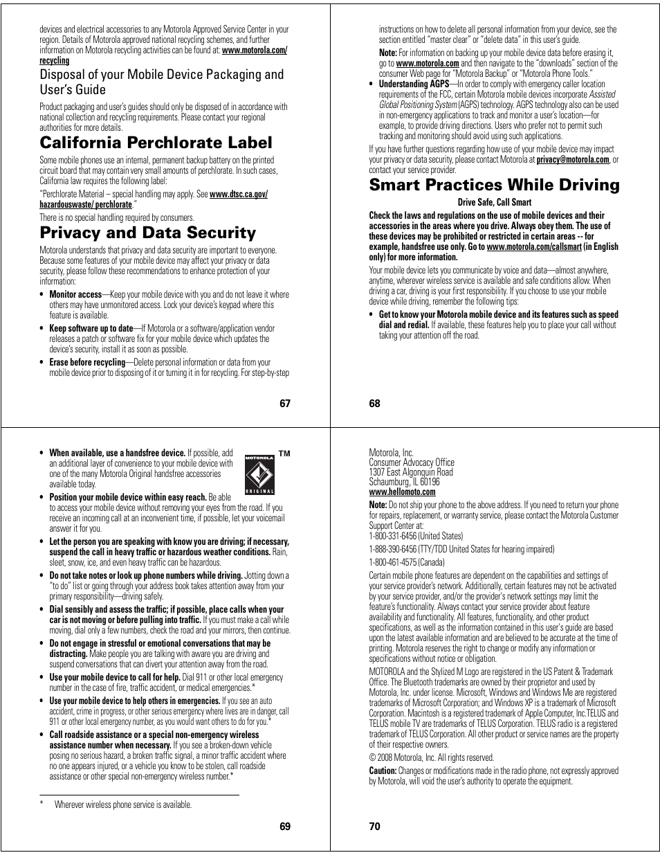 California perchlorate label, Privacy and data security, Smart practices while driving | Motorola Adventure 68000201627-A User Manual | Page 18 / 19