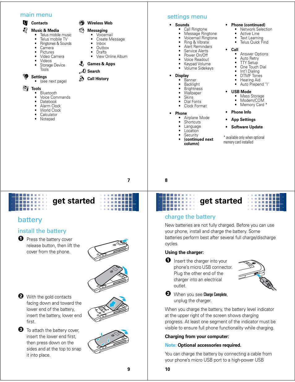 Get started, Battery, Main menu l | Settings menu, Install the battery, Charge the battery | Motorola Adventure 68000201627-A User Manual | Page 3 / 19