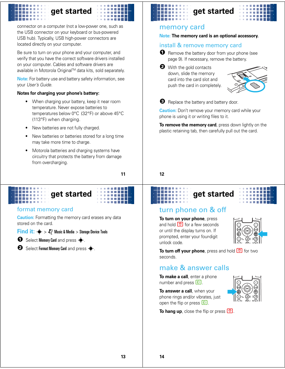 Get started, Turn phone on & off, Make & answer calls | Motorola Adventure 68000201627-A User Manual | Page 4 / 19