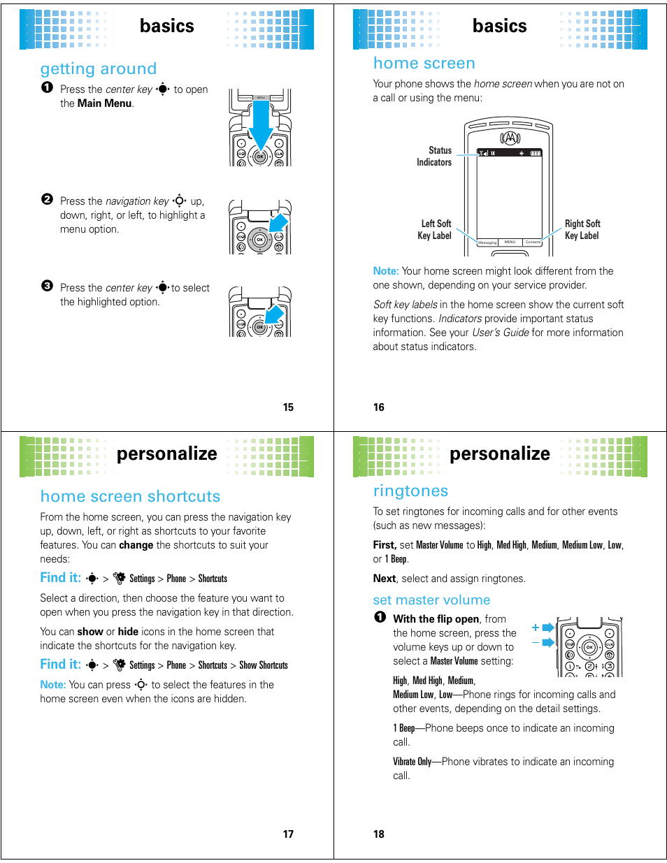 Basics, Personalize, Getting around | Home screen, Home screen shortcuts, Ringtones, Find it, Set master volume | Motorola Adventure 68000201627-A User Manual | Page 5 / 19