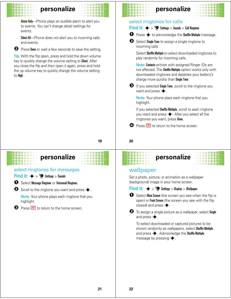 Personalize, Wallpaper | Motorola Adventure 68000201627-A User Manual | Page 6 / 19