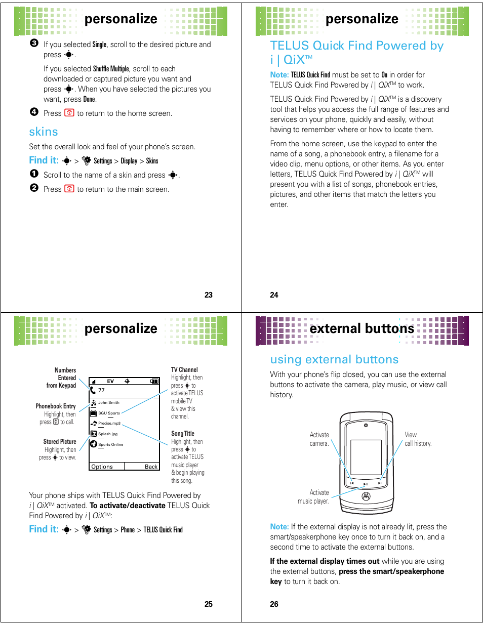Personalize, External buttons, Skins | Telus quick find powered by i | qix, Using external buttons, Find it | Motorola Adventure 68000201627-A User Manual | Page 7 / 19