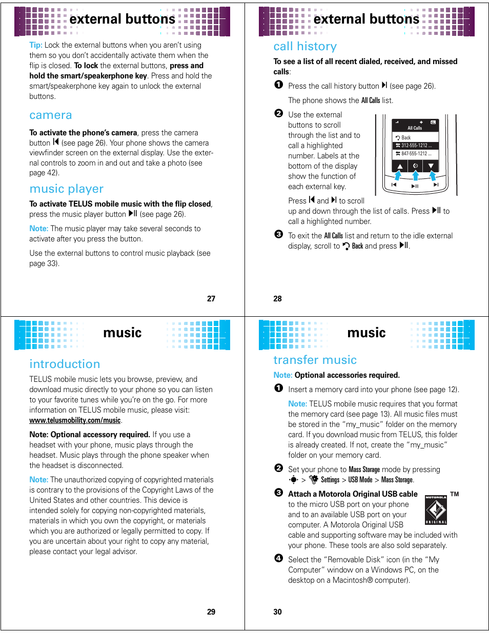 External buttons, Music, Camera | Music player, Call history, Introduction, Transfer music | Motorola Adventure 68000201627-A User Manual | Page 8 / 19