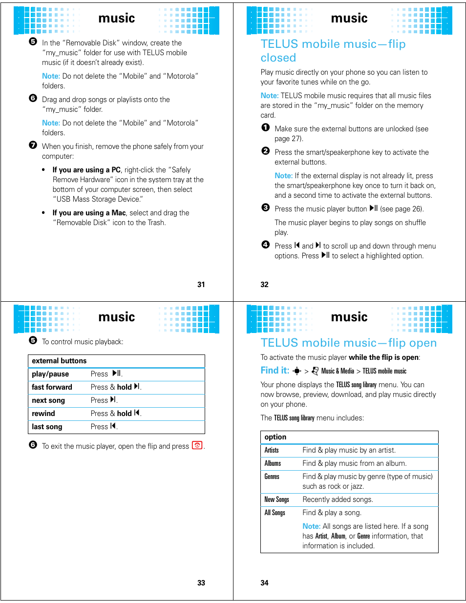 Music, Telus mobile music—flip closed, Telus mobile music—flip open | Motorola Adventure 68000201627-A User Manual | Page 9 / 19