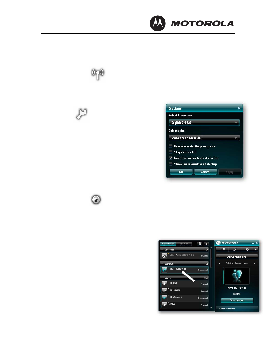 Controls and settings, Radio control, Options | Help screens, Wimax information | Motorola USBW 200 User Manual | Page 9 / 12