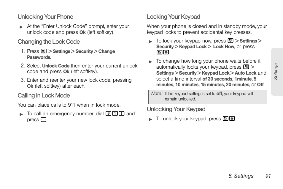 Unlocking your phone, Changing the lock code, Calling in lock mode | Locking your keypad, Unlocking your keypad | Motorola BRUTE NNTN7794C User Manual | Page 101 / 193