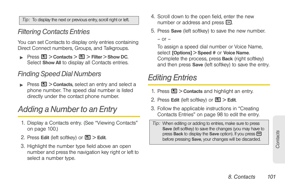 Filtering contacts entries, Finding speed dial numbers, Adding a number to an entry | Editing entries | Motorola BRUTE NNTN7794C User Manual | Page 111 / 193