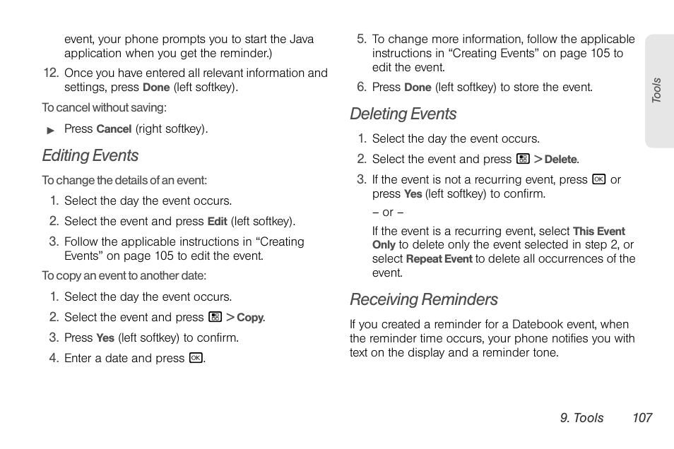 Editing events, Deleting events, Receiving reminders | Motorola BRUTE NNTN7794C User Manual | Page 117 / 193