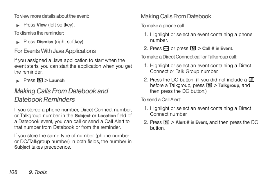 Making calls from datebook and datebook reminders | Motorola BRUTE NNTN7794C User Manual | Page 118 / 193