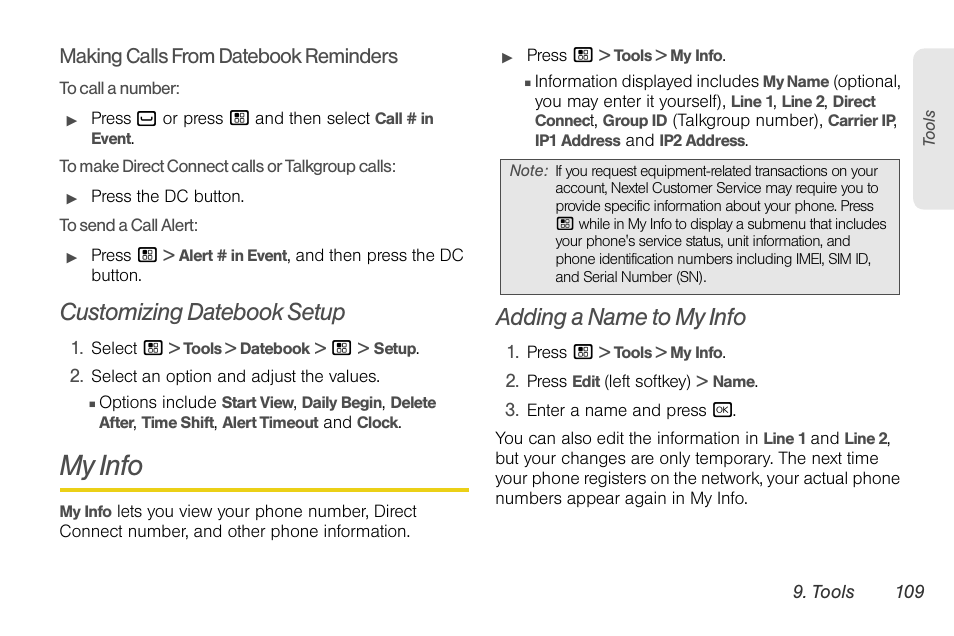 Customizing datebook setup, My info, Adding a name to my info | Motorola BRUTE NNTN7794C User Manual | Page 119 / 193