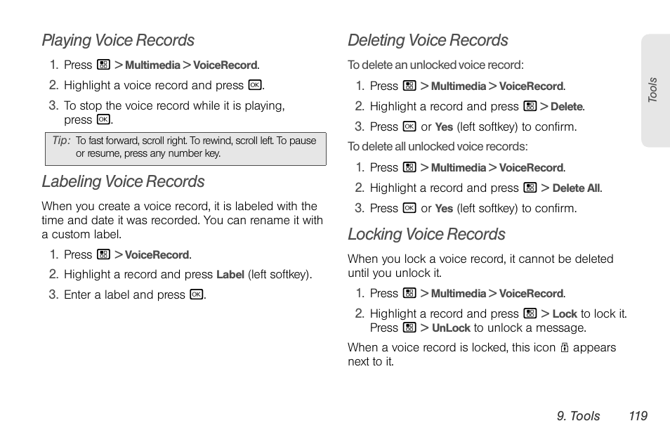 Playing voice records, Labeling voice records, Deleting voice records | Locking voice records | Motorola BRUTE NNTN7794C User Manual | Page 129 / 193