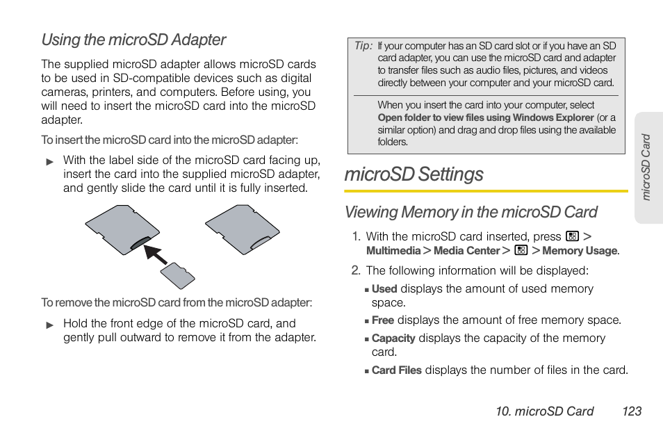 Using the microsd adapter, Microsd settings, Viewing memory in the microsd card | Motorola BRUTE NNTN7794C User Manual | Page 133 / 193