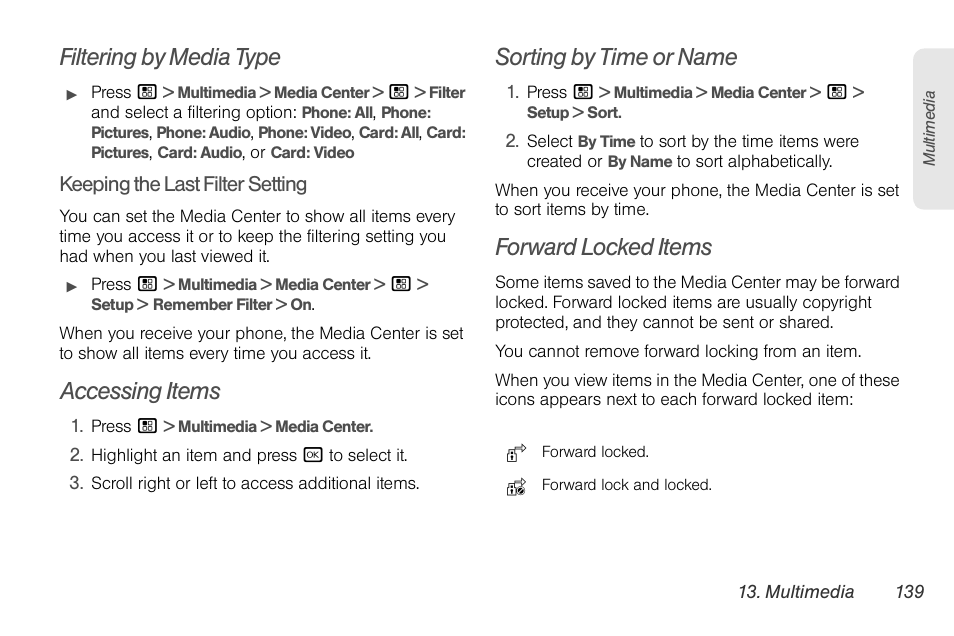 Filtering by media type, Accessing items, Sorting by time or name | Forward locked items | Motorola BRUTE NNTN7794C User Manual | Page 149 / 193