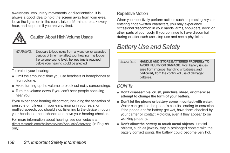 Battery use and safety, Don’ts | Motorola BRUTE NNTN7794C User Manual | Page 168 / 193