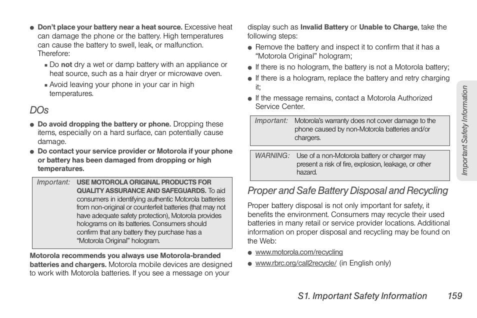 Proper and safe battery disposal and recycling | Motorola BRUTE NNTN7794C User Manual | Page 169 / 193