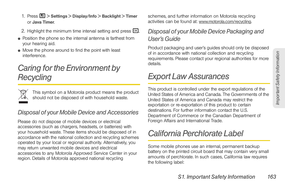 Caring for the environment by recycling, Disposal of your mobile device and accessories, Export law assurances | California perchlorate label | Motorola BRUTE NNTN7794C User Manual | Page 173 / 193