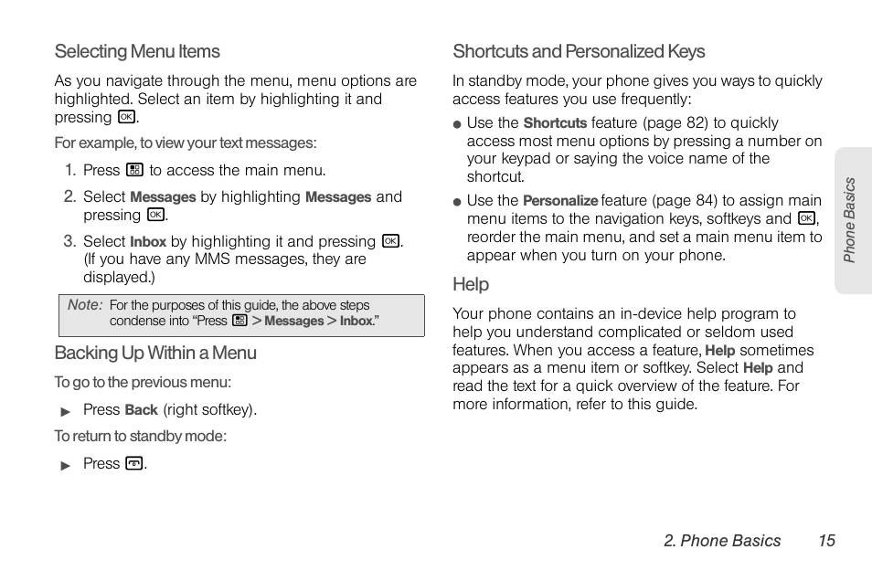 Selecting menu items, Backing up within a menu, Shortcuts and personalized keys | Help | Motorola BRUTE NNTN7794C User Manual | Page 25 / 193