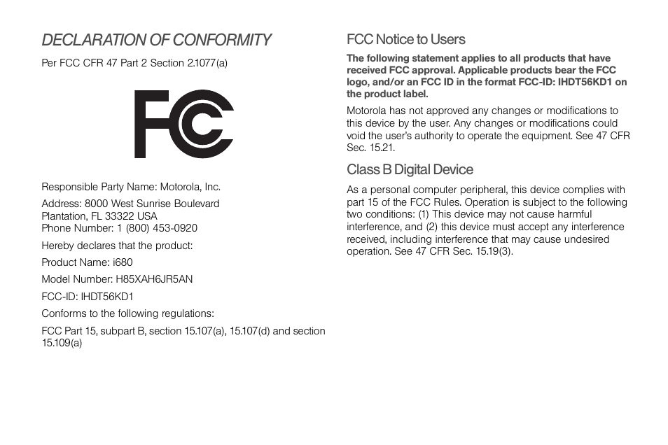 Declaration of conformity, Fcc notice to users, Class b digital device | Motorola BRUTE NNTN7794C User Manual | Page 3 / 193