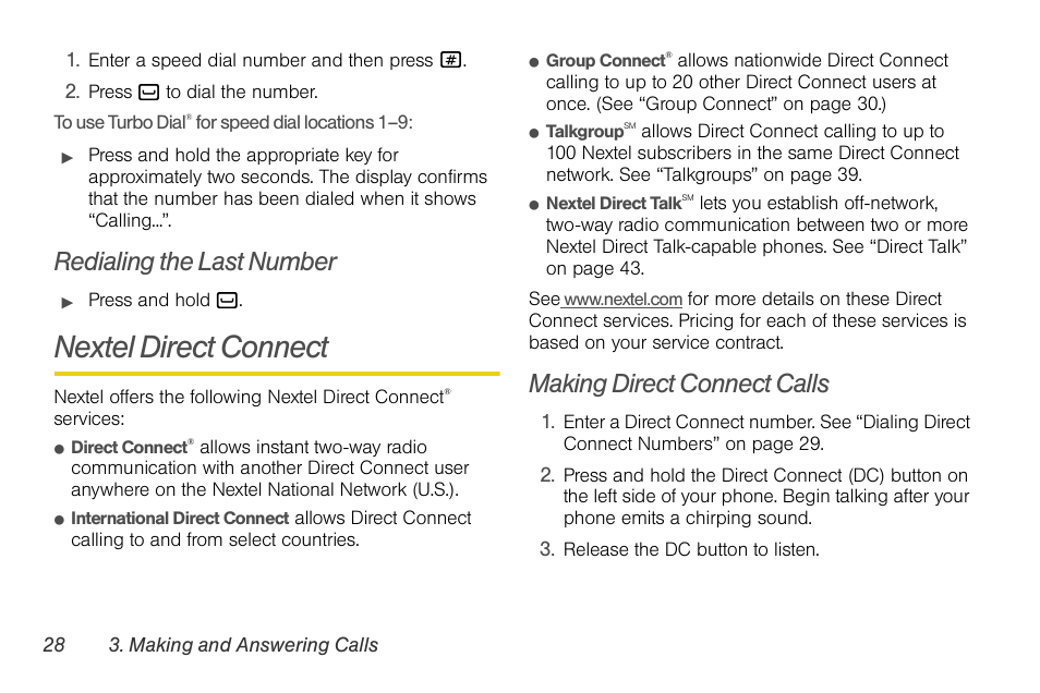 Redialing the last number, Nextel direct connect, Making direct connect calls | Motorola BRUTE NNTN7794C User Manual | Page 38 / 193