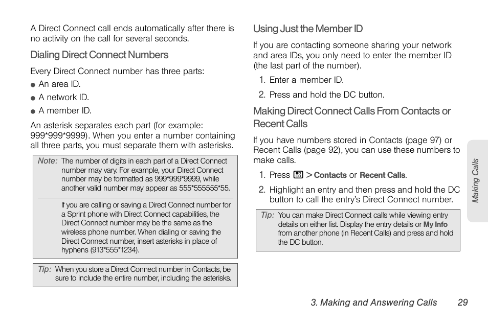 Dialing direct connect numbers, Using just the member id | Motorola BRUTE NNTN7794C User Manual | Page 39 / 193