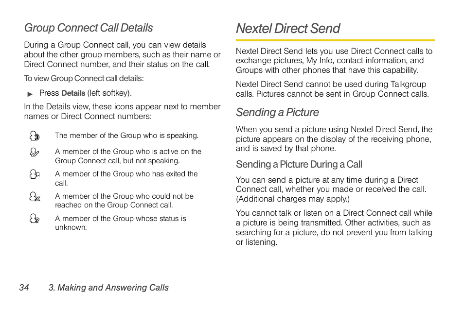 Group connect call details, Nextel direct send, Sending a picture | Motorola BRUTE NNTN7794C User Manual | Page 44 / 193