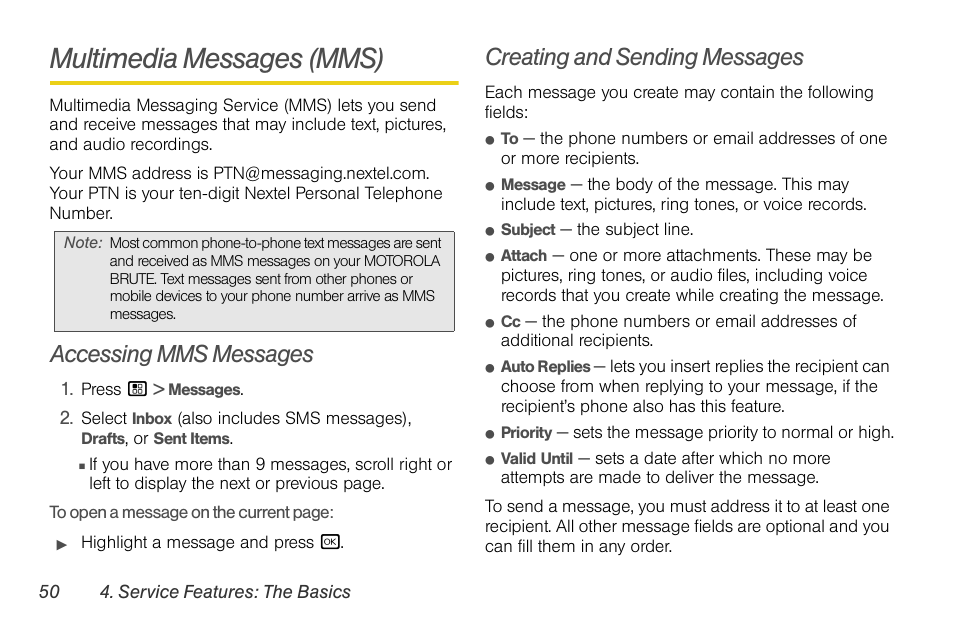 Multimedia messages (mms), Accessing mms messages, Creating and sending messages | Motorola BRUTE NNTN7794C User Manual | Page 60 / 193