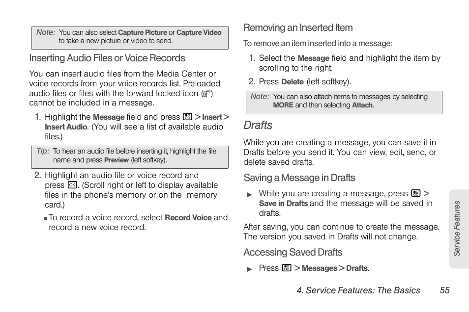 Drafts, Inserting audio files or voice records, Removing an inserted item | Saving a message in drafts, Accessing saved drafts | Motorola BRUTE NNTN7794C User Manual | Page 65 / 193