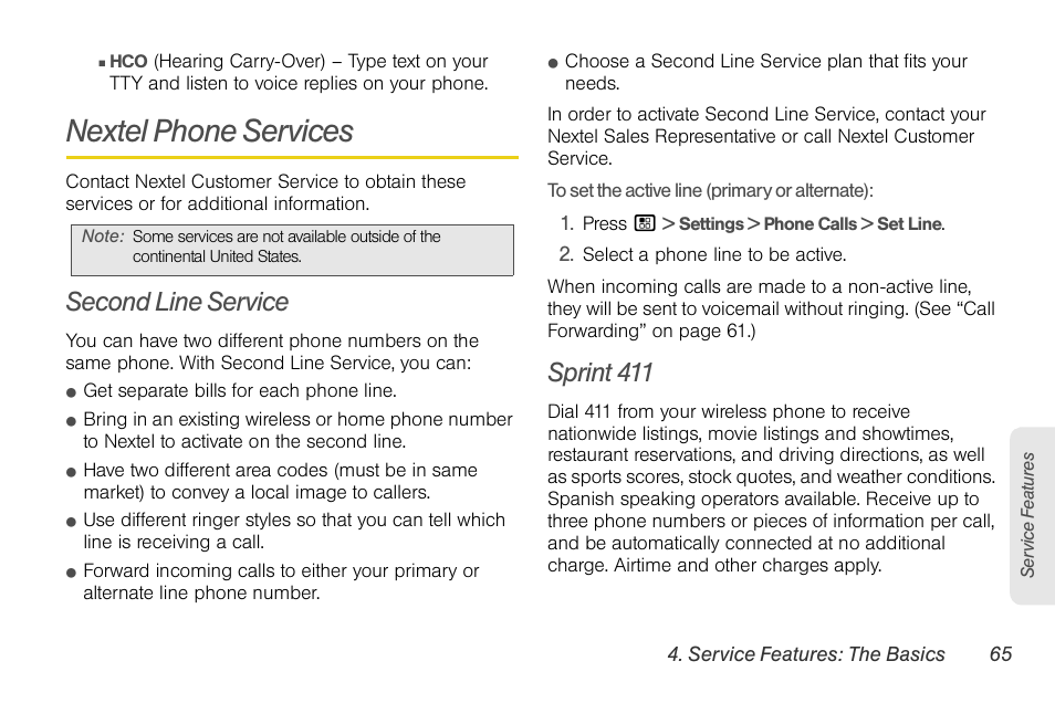 Nextel phone services, Second line service, Sprint 411 | Motorola BRUTE NNTN7794C User Manual | Page 75 / 193