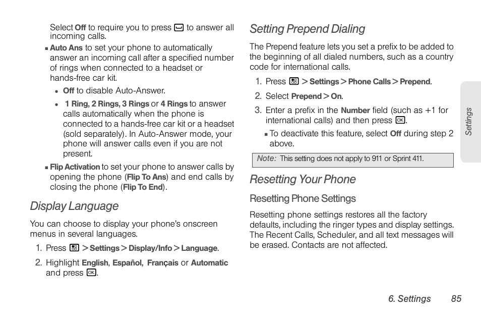 Display language, Setting prepend dialing, Resetting your phone | Motorola BRUTE NNTN7794C User Manual | Page 95 / 193