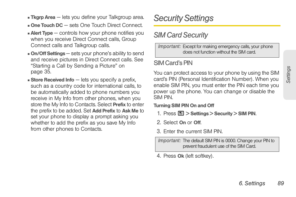 Security settings, Sim card security, Sim card’s pin | Motorola BRUTE NNTN7794C User Manual | Page 99 / 193