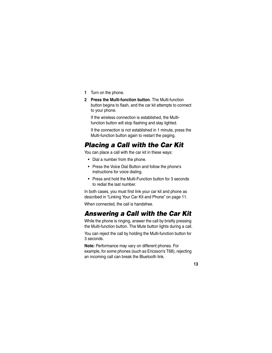 Placing a call with the car kit, Answering a call with the car kit | Motorola HF850 User Manual | Page 15 / 90