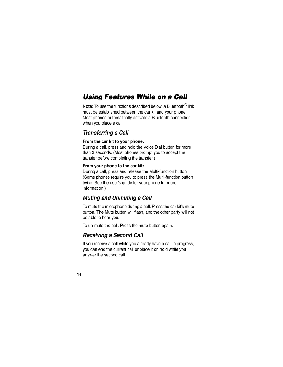 Using features while on a call | Motorola HF850 User Manual | Page 16 / 90