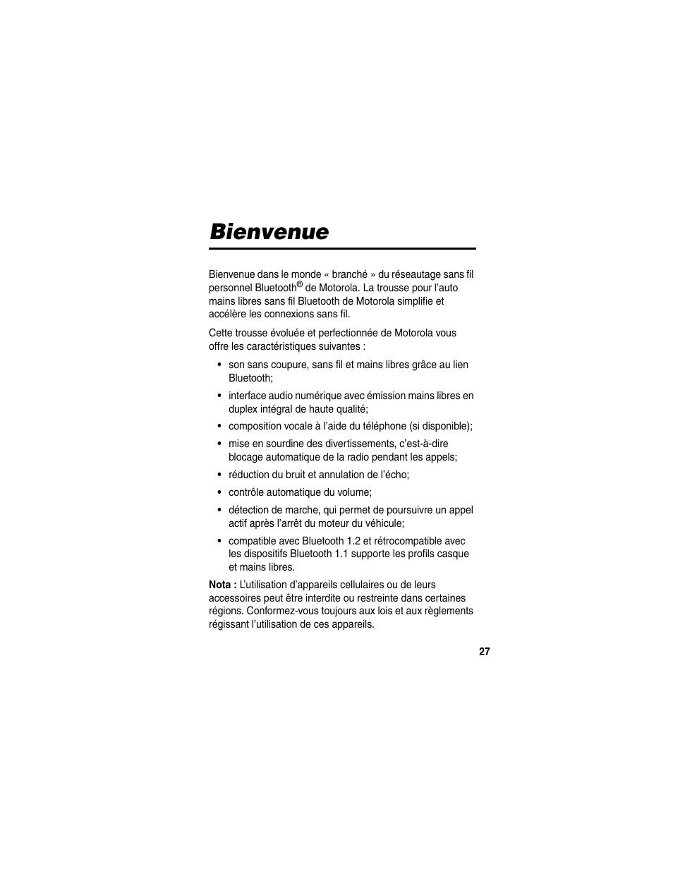 Bienvenue | Motorola HF850 User Manual | Page 29 / 90