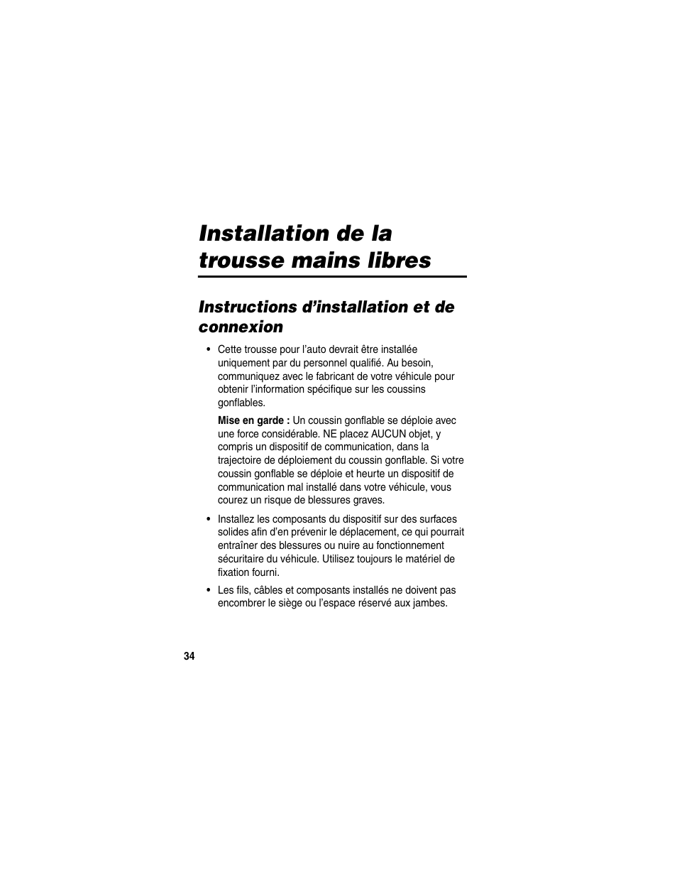 Installation de la trousse mains libres, Instructions d’installation et de connexion | Motorola HF850 User Manual | Page 36 / 90