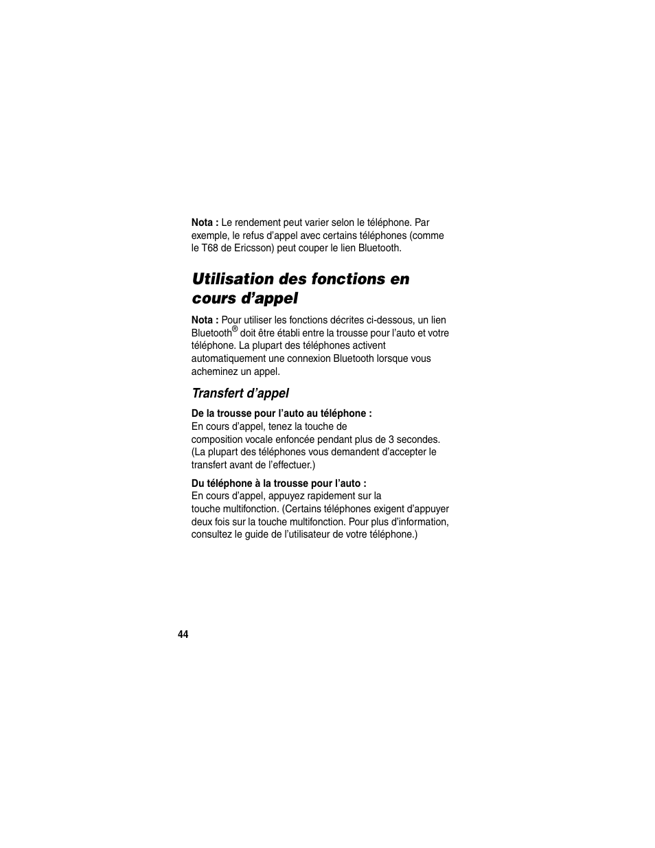 Utilisation des fonctions en cours d’appel | Motorola HF850 User Manual | Page 46 / 90