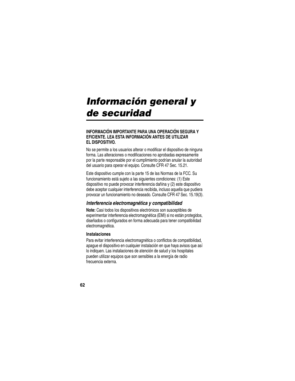 Información general y de securidad | Motorola HF850 User Manual | Page 64 / 90