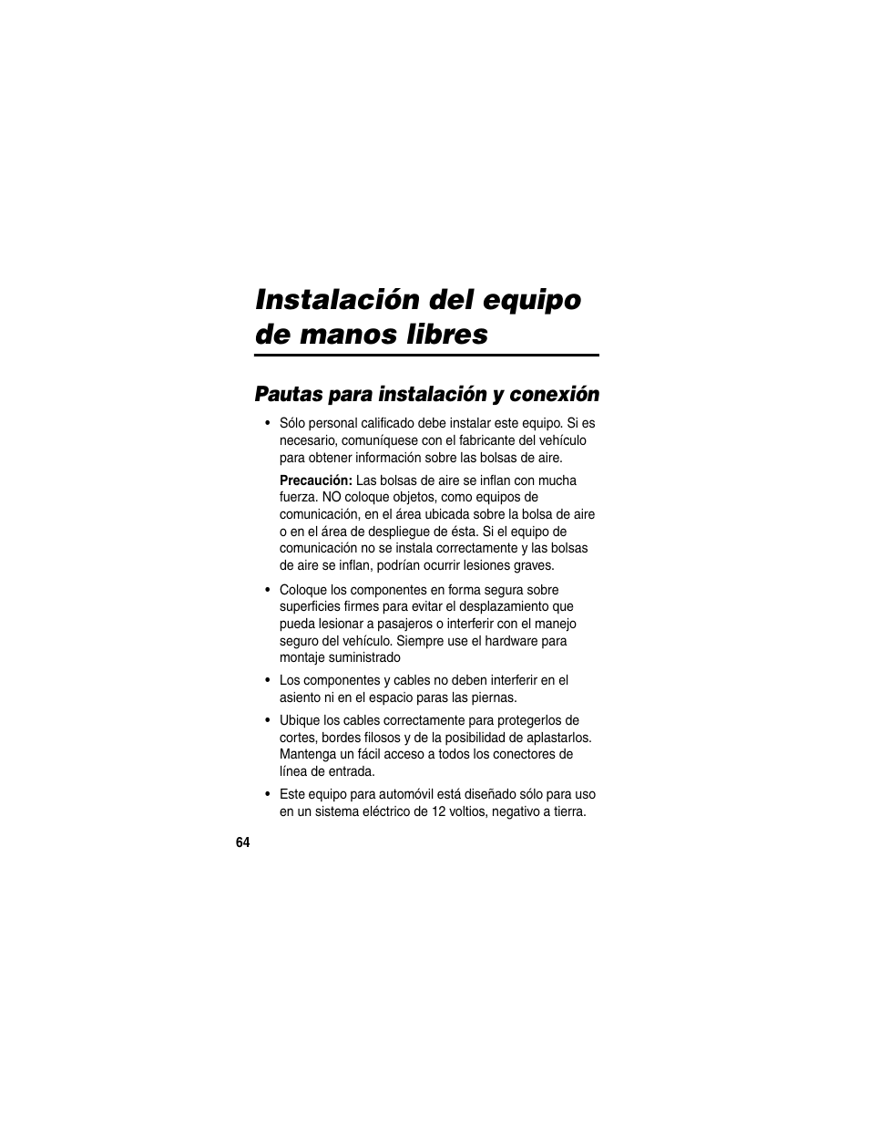 Instalación del equipo de manos libres, Pautas para instalación y conexión | Motorola HF850 User Manual | Page 66 / 90