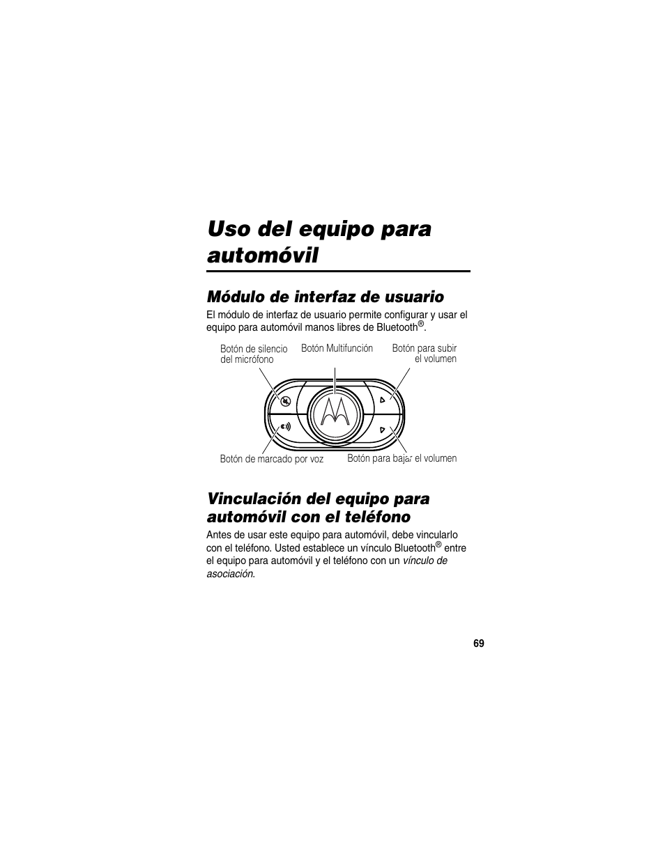 Uso del equipo para automóvil, Módulo de interfaz de usuario | Motorola HF850 User Manual | Page 71 / 90