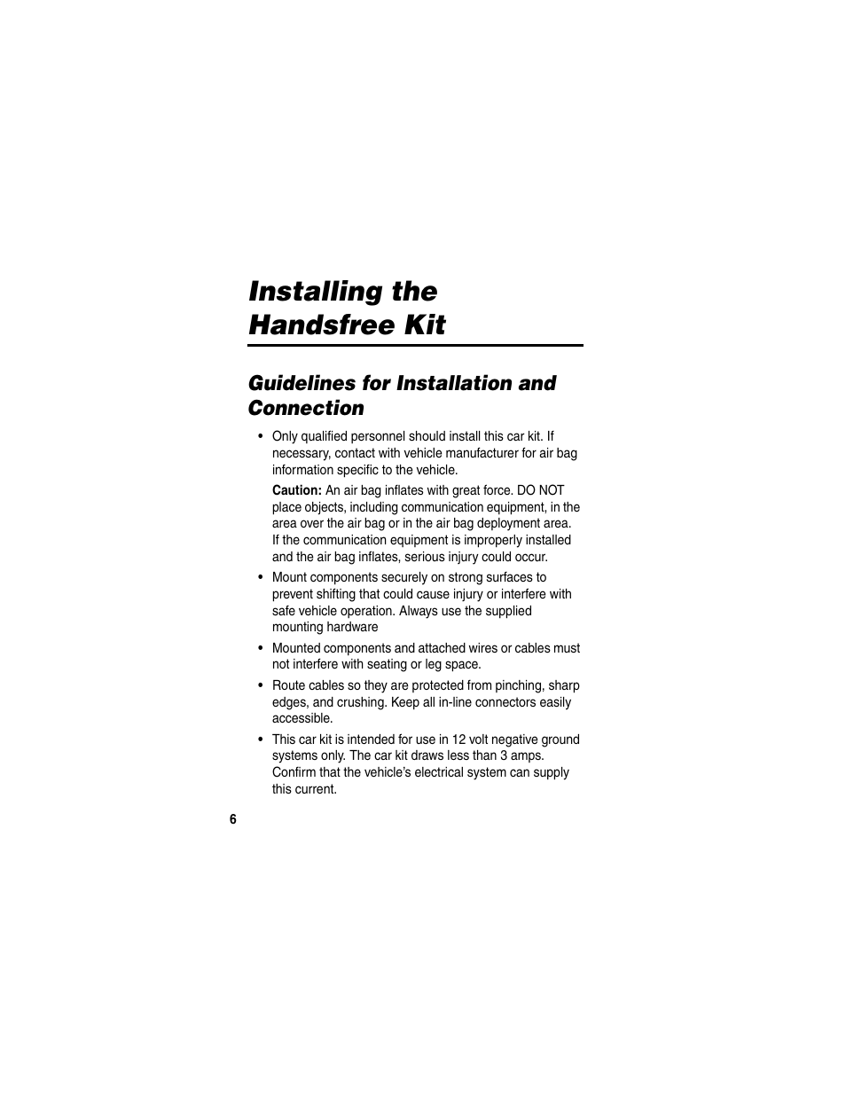 Installing the handsfree kit, Guidelines for installation and connection | Motorola HF850 User Manual | Page 8 / 90