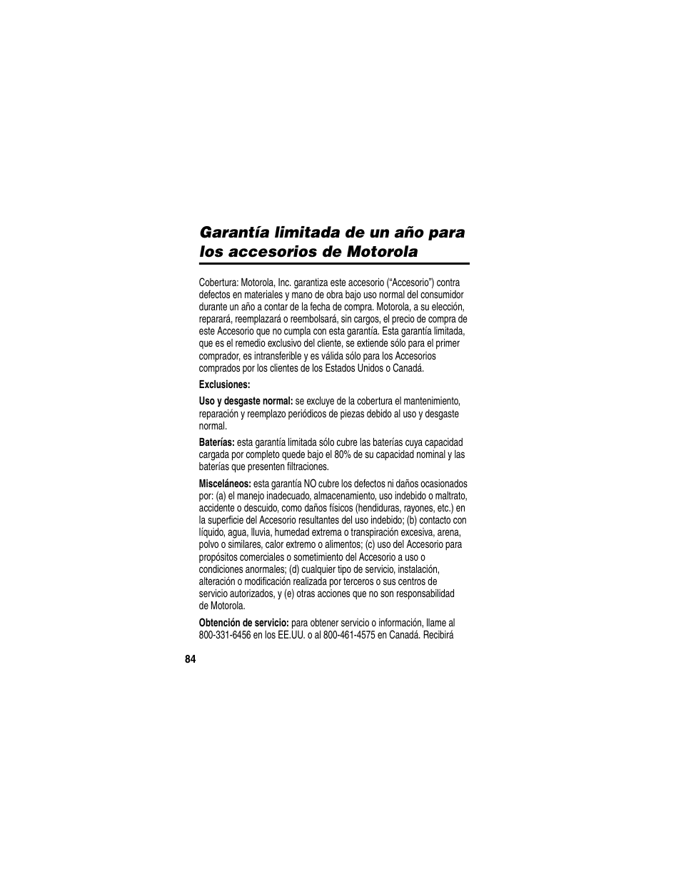 Garantía | Motorola HF850 User Manual | Page 86 / 90