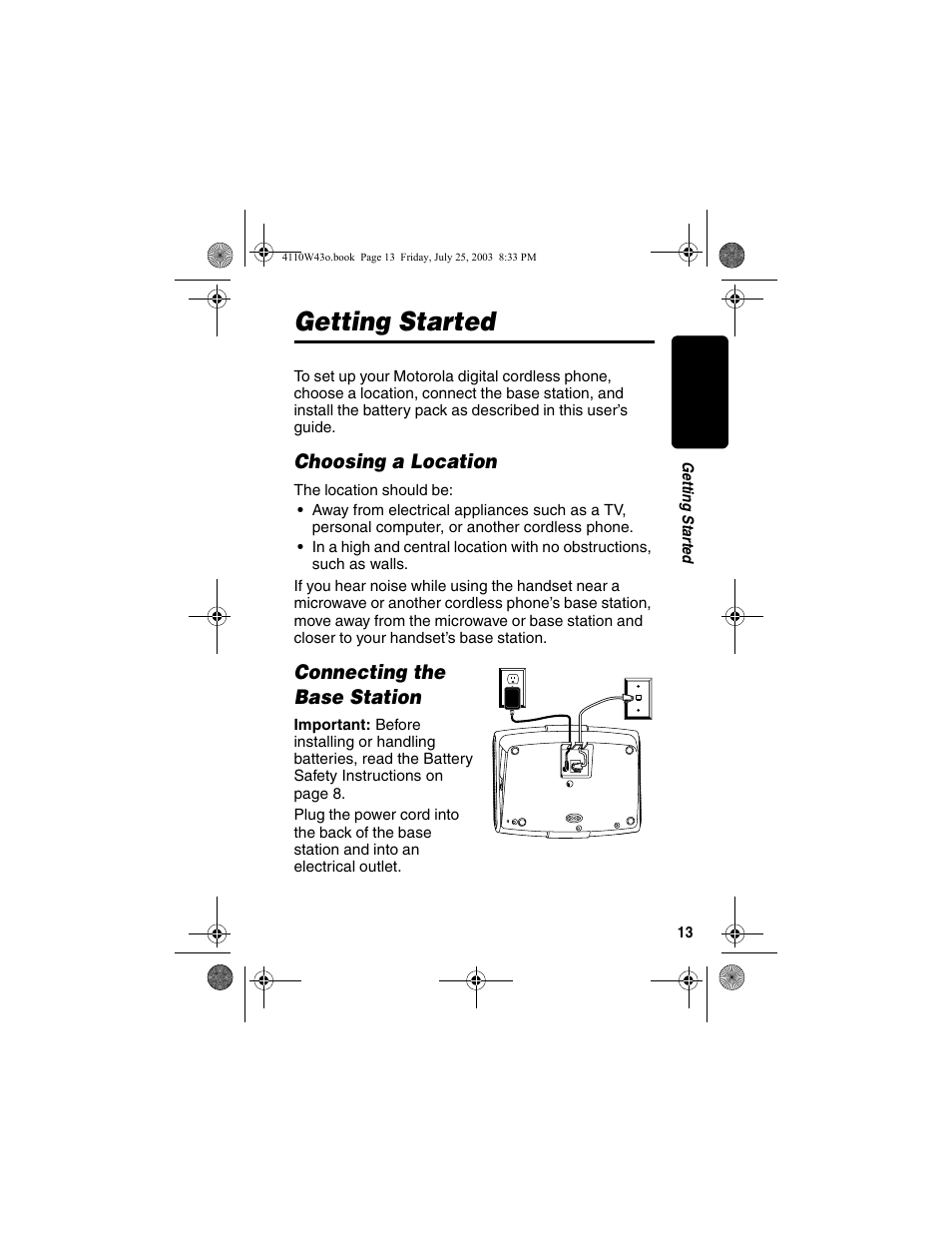 Getting started, Choosing a location, Connecting the base station | Choosing a location connecting the base station | Motorola MD680 User Manual | Page 15 / 76