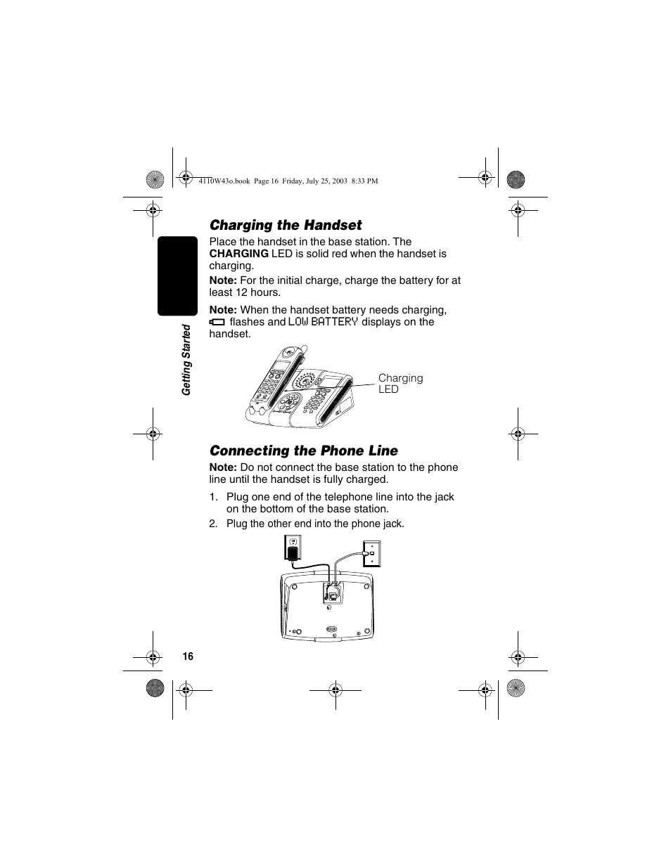 Charging the handset, Connecting the phone line, Charging the handset connecting the phone line | Motorola MD680 User Manual | Page 18 / 76