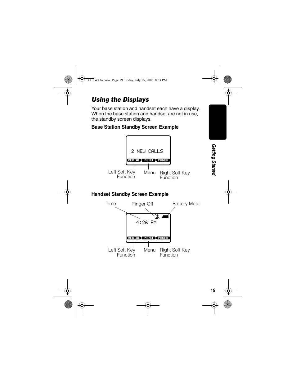 Using the displays, Base station standby screen example, Handset standby screen example | Motorola MD680 User Manual | Page 21 / 76