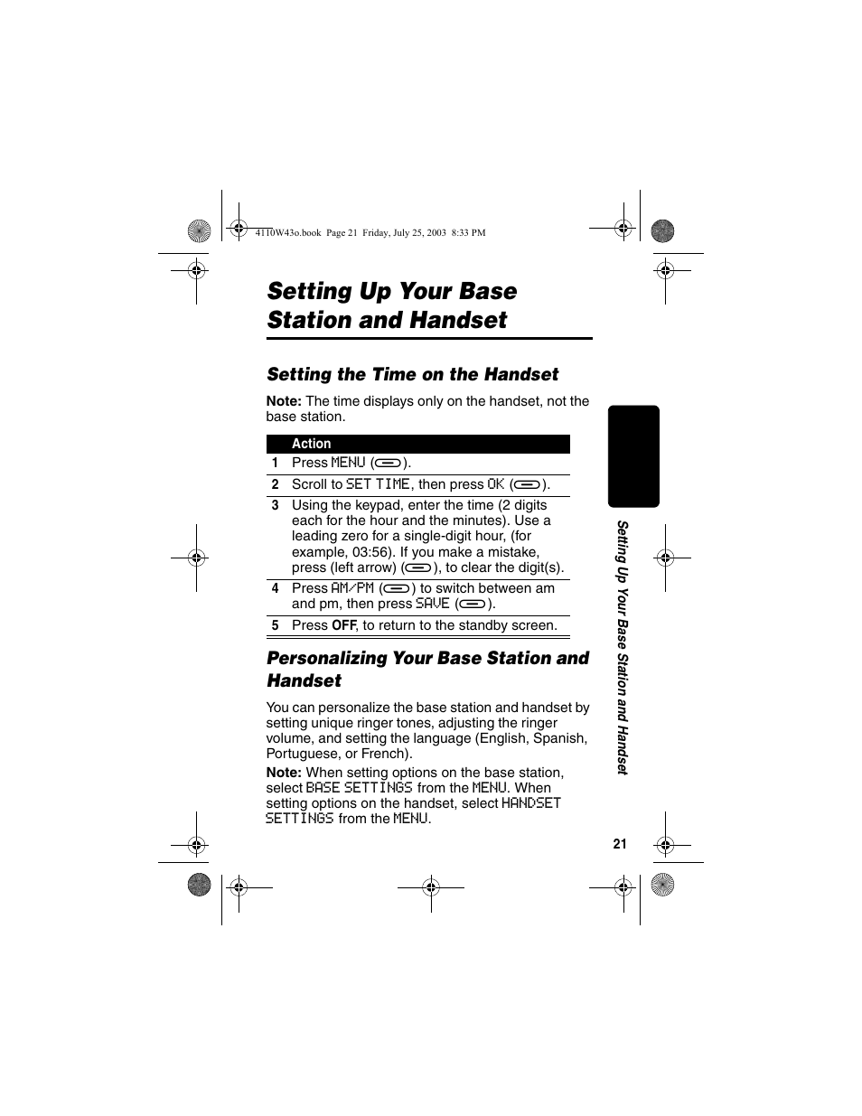 Setting up your base station and handset, Setting the time on the handset, Personalizing your base station and handset | Motorola MD680 User Manual | Page 23 / 76