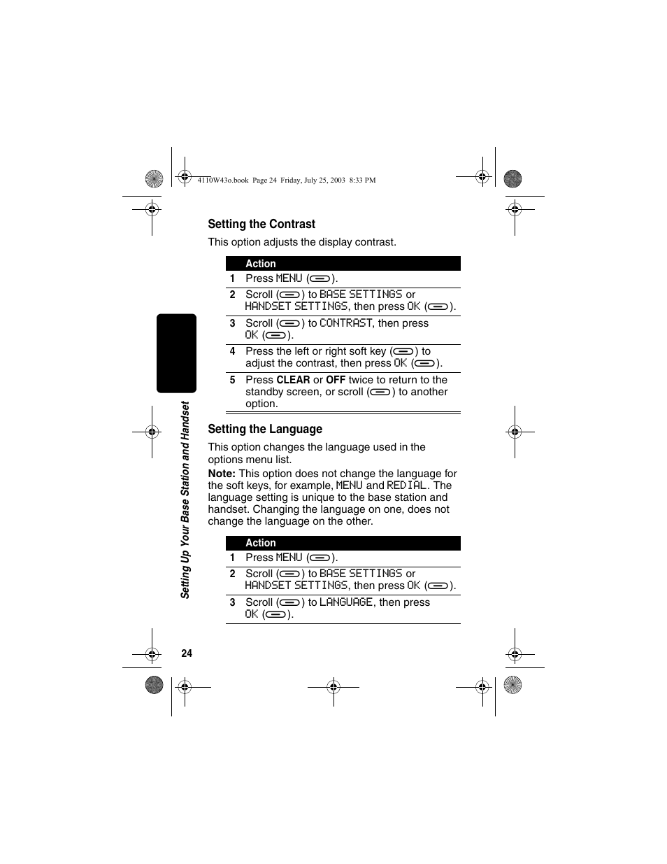 Setting the contrast, Setting the language, Setting the contrast setting the language | Motorola MD680 User Manual | Page 26 / 76