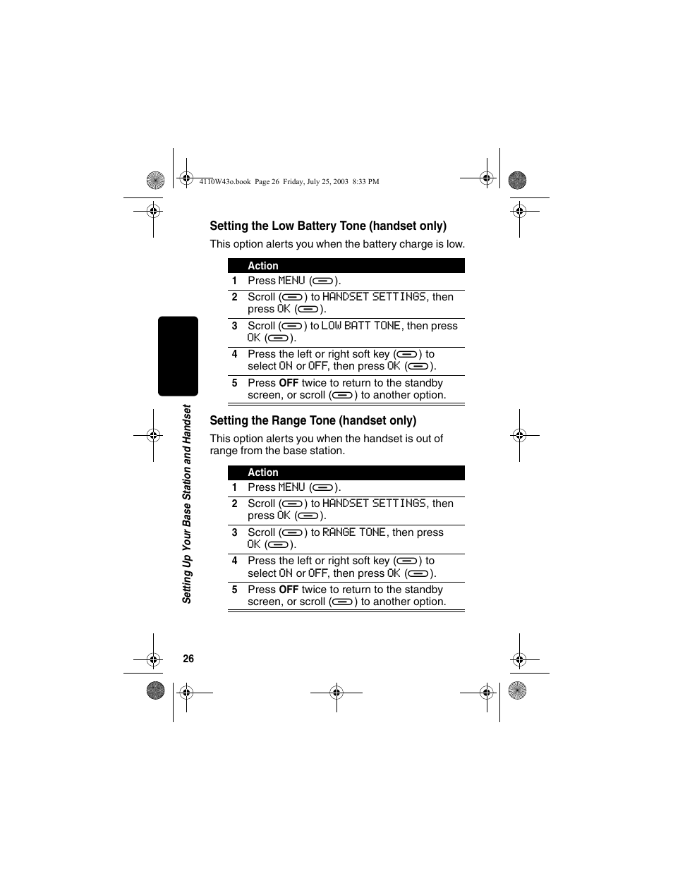 Setting the low battery tone (handset only), Setting the range tone (handset only) | Motorola MD680 User Manual | Page 28 / 76