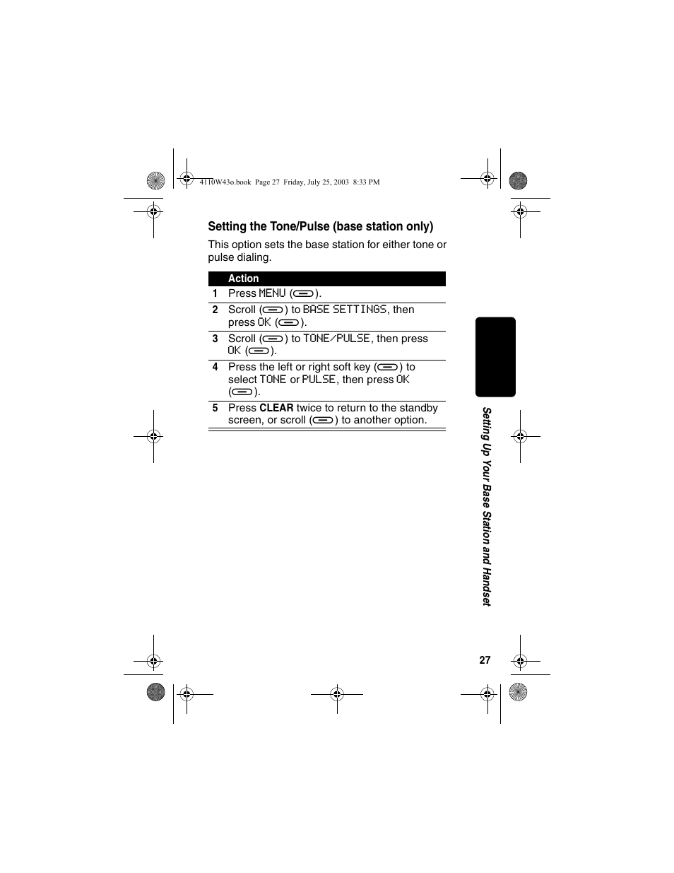 Setting the tone/pulse (base station only) | Motorola MD680 User Manual | Page 29 / 76